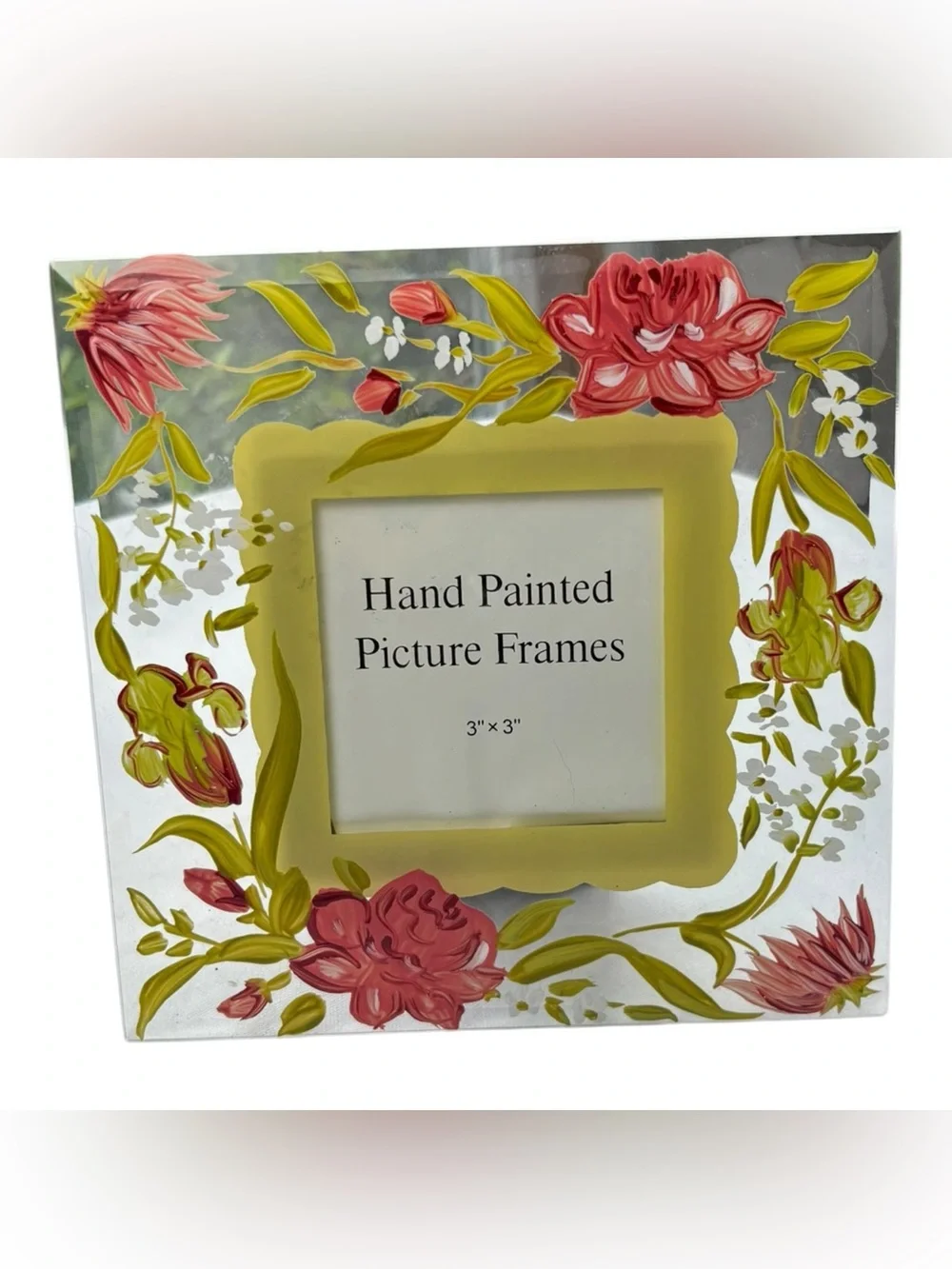 NEW Hand Painted Pink & Green Floral Picture Frame Clear Glass 7” x 7”